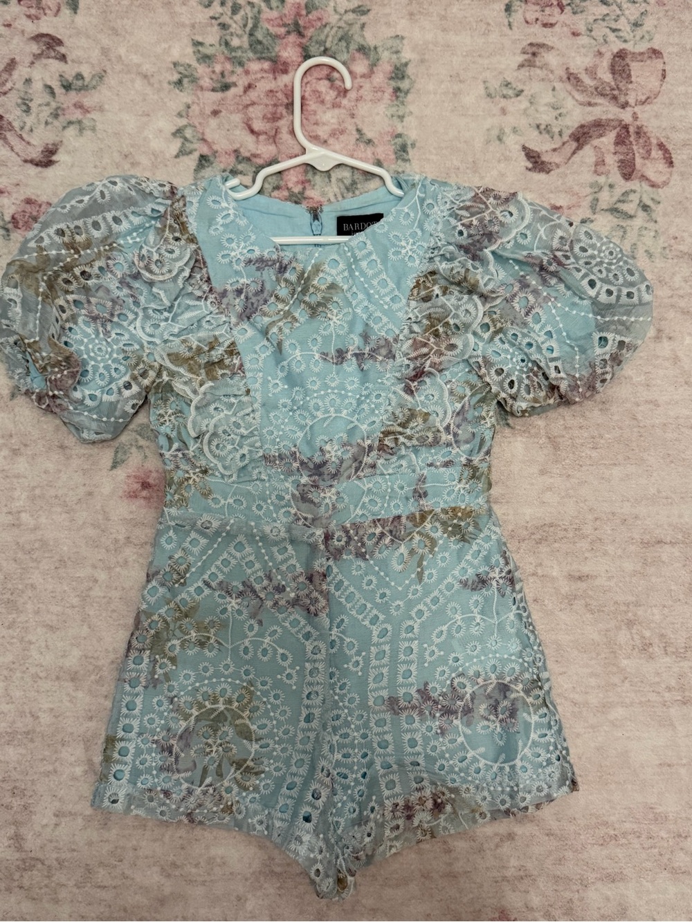 Bardot Light Blue Lace-Overlay Puff Sleeve Romper